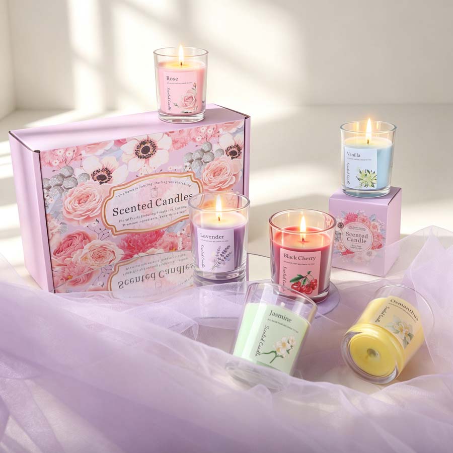 Home Fragrance Gift - ชุดของขวัญเทียนหอมอโรมาเธอราพี 6 กลิ่นที่แตกต่างกัน เทียนในขวดแก้วสำหรับห้องนอน งานแต่งงาน และของขวัญงานปาร์ตี้